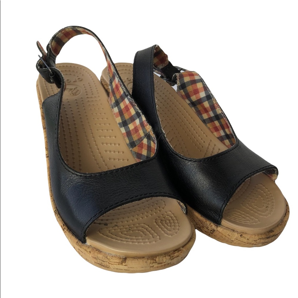 Croc’s A-Leigh Leather Slingback Cork Wedge Sandals Black Size 6W